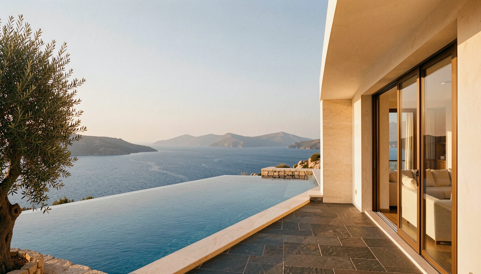 An olive tree, infinity pool and warmly lit coastal residence overlooking the blue Aegean Sea