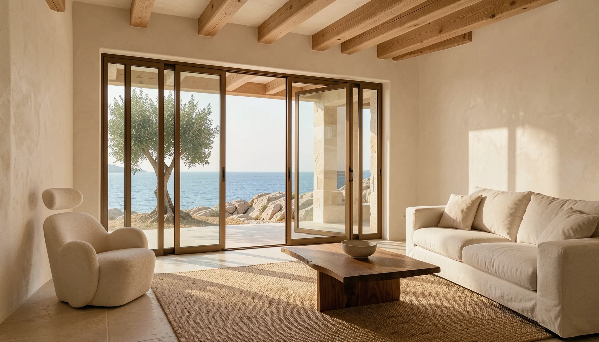 A sunlit living room with linen furniture, natural stone and an open sea view